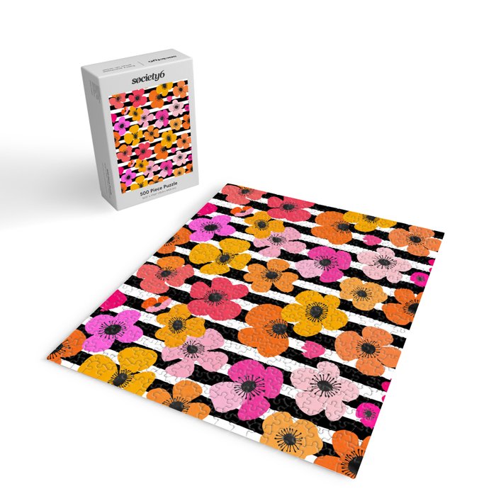 Midcentury Playful Botanica Bold Multicolor Retro Flowers On Black And White Stripes Jigsaw Puzzle Gallery Image 2