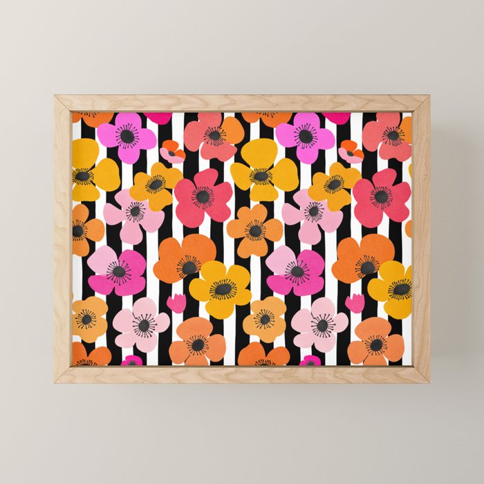 Midcentury Playful Botanica Bold Multicolor Retro Flowers On Black And White Stripes Mini Art Print Gallery Image 1