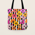 Midcentury Playful Botanica Bold Multicolor Retro Flowers On Black And White Stripes Tote Bag Gallery Image 1