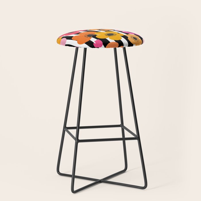 Midcentury Playful Botanica Bold Multicolor Retro Flowers On Black And White Stripes Stool Gallery Image 1