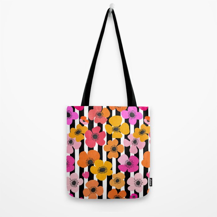 Midcentury Playful Botanica Bold Multicolor Retro Flowers On Black And White Stripes Tote Bag Gallery Image 2