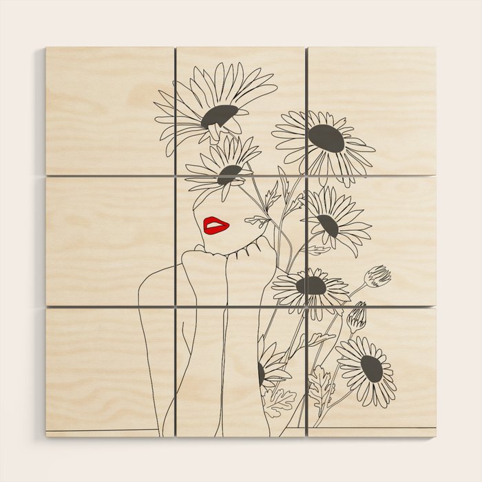 Minimal Line Art Girl with Sunflowers Wood Wall Art Gallery Image 1