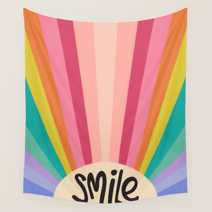 Smile - 70s Retro Sun Rainbow  Wall Tapestry Gallery Image 4