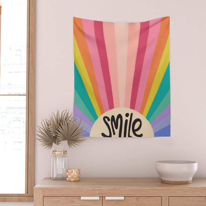Smile - 70s Retro Sun Rainbow  Wall Tapestry Gallery Image 2