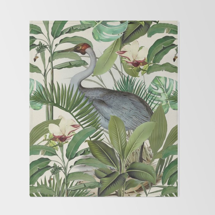 Tropical Heron Bird Rainforest Illustration Throw Blanket Gallery Image 2