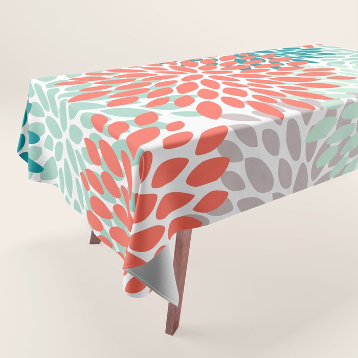 Floral Pattern, Orange, Teal, Mint Green, Flower Print Tablecloth Gallery Image 1