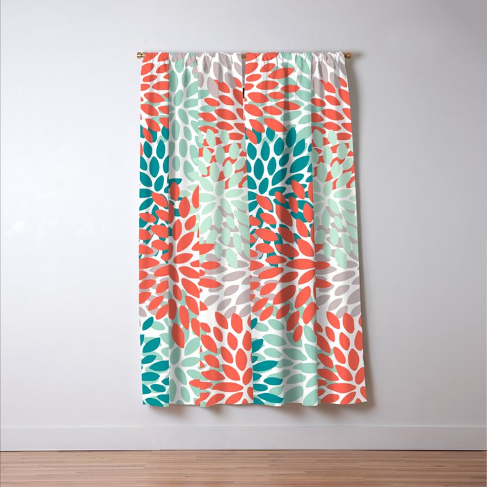 Floral Pattern, Orange, Teal, Mint Green, Flower Print Window Curtain Gallery Image 3