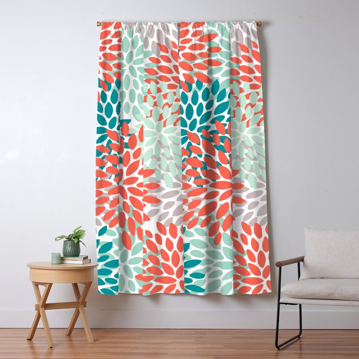 Floral Pattern, Orange, Teal, Mint Green, Flower Print Window Curtain Gallery Image 1