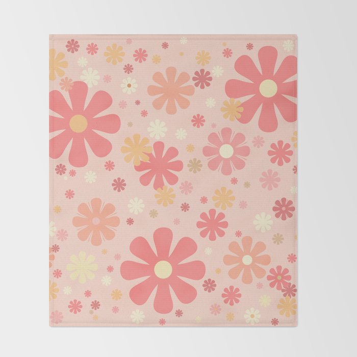 Flowerama Retro Floral Pattern in Blush Pink and Pale Yellow Throw Blanket Gallery Image 2