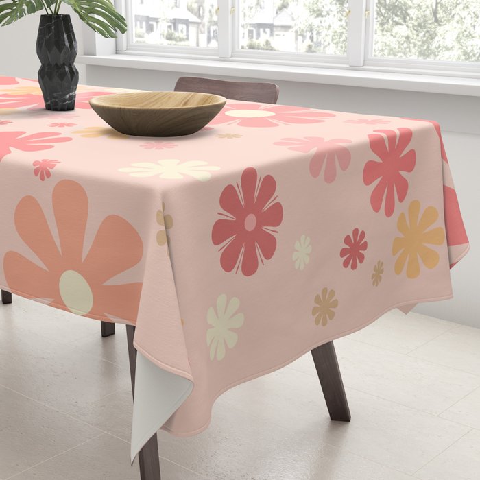 Flowerama Retro Floral Pattern in Blush Pink and Pale Yellow Tablecloth Gallery Image 3
