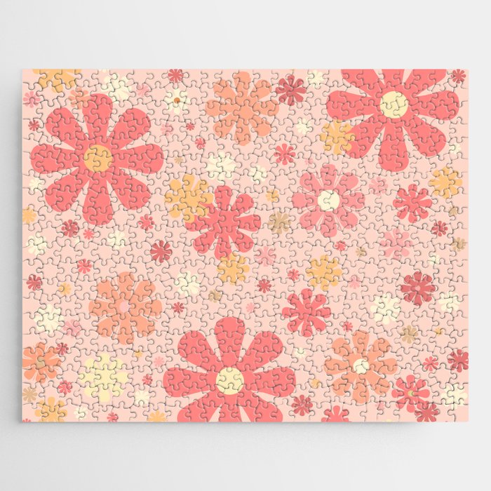 Flowerama Retro Floral Pattern in Blush Pink and Pale Yellow Jigsaw Puzzle Gallery Image 1