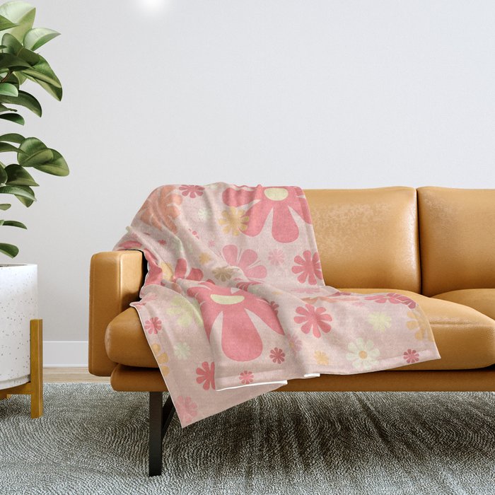 Flowerama Retro Floral Pattern in Blush Pink and Pale Yellow Throw Blanket Gallery Image 1