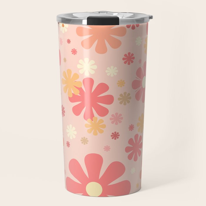 Flowerama Retro Floral Pattern in Blush Pink and Pale Yellow Travel Mug Gallery Image 1