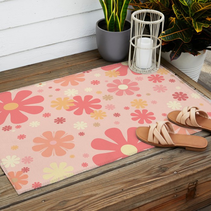Flowerama Retro Floral Pattern in Blush Pink and Pale Yellow Outdoor Rug Gallery Image 2