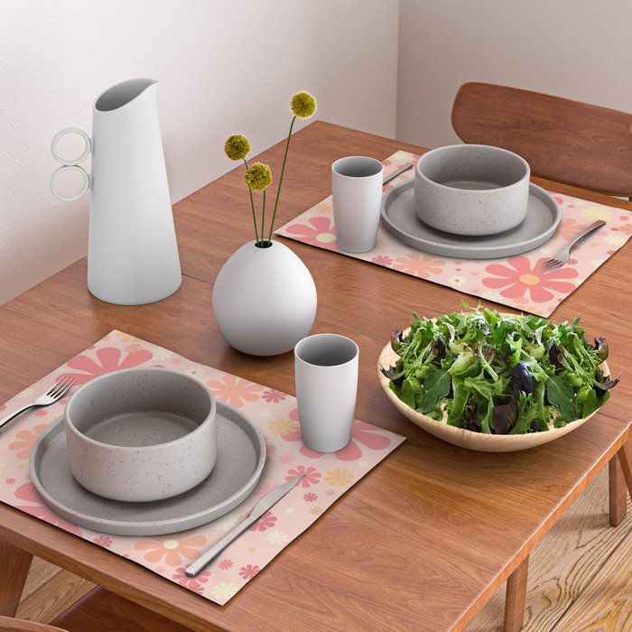 Flowerama Retro Floral Pattern in Blush Pink and Pale Yellow Placemat Gallery Image 2
