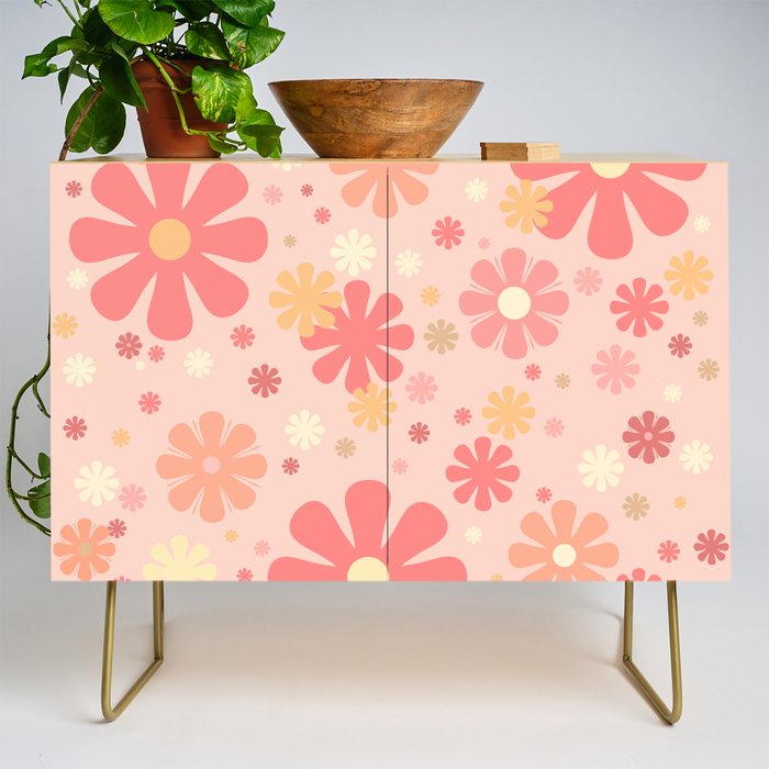 Flowerama Retro Floral Pattern in Blush Pink and Pale Yellow Credenza Gallery Image 1