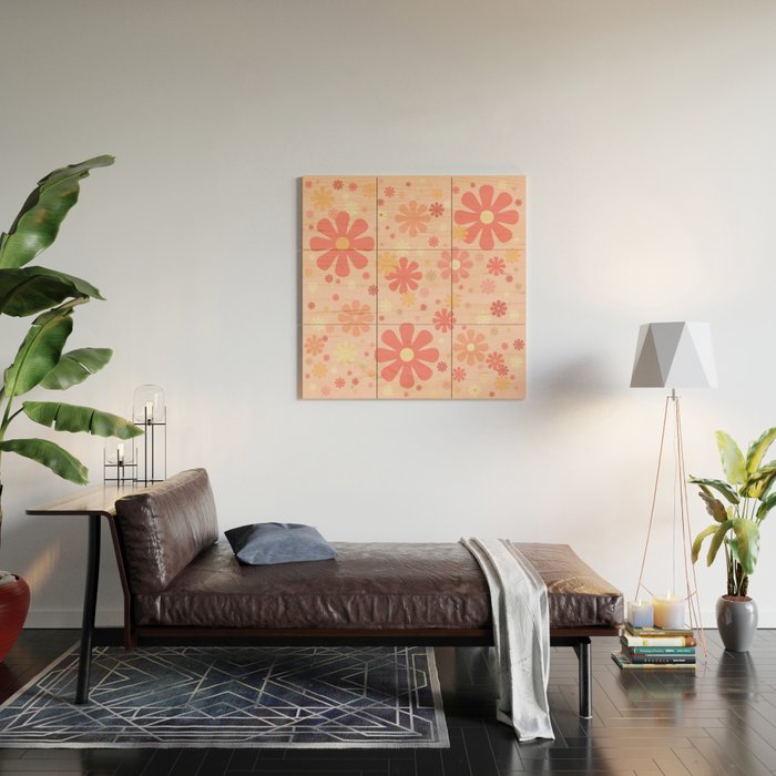 Flowerama Retro Floral Pattern in Blush Pink and Pale Yellow Wood Wall Art Gallery Image 2