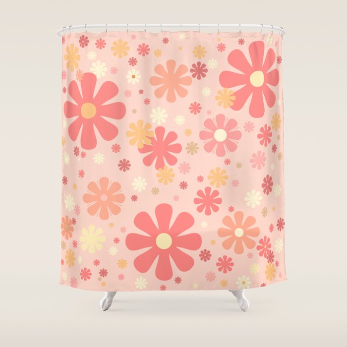 Flowerama Retro Floral Pattern in Blush Pink and Pale Yellow Shower Curtain Gallery Image 1