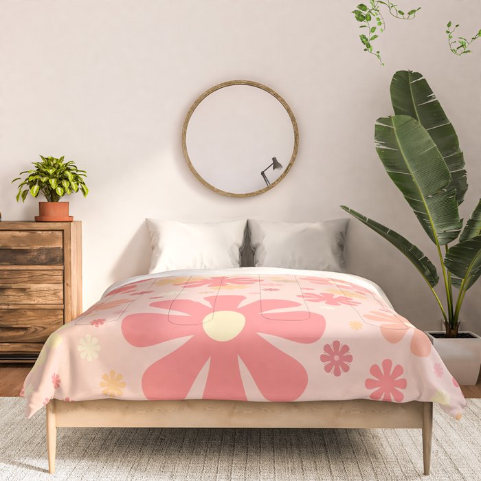 Flowerama Retro Floral Pattern in Blush Pink and Pale Yellow Comforter Gallery Image 3