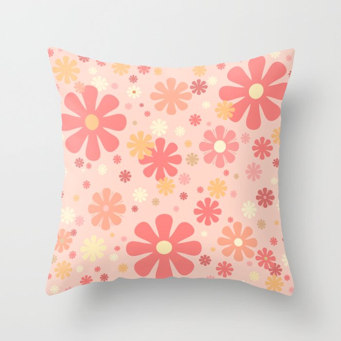 Flowerama Retro Floral Pattern in Blush Pink and Pale Yellow Throw Pillow Gallery Image 1