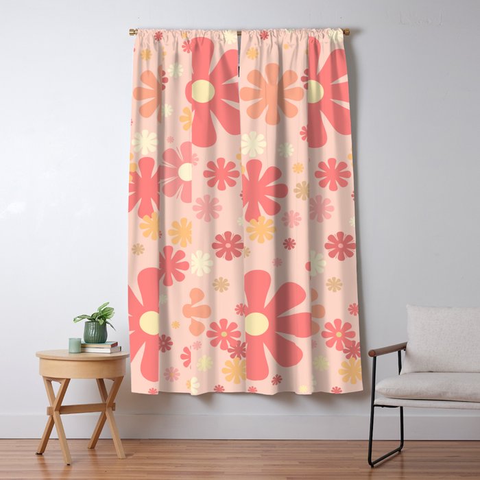 Flowerama Retro Floral Pattern in Blush Pink and Pale Yellow Window Curtain Gallery Image 1