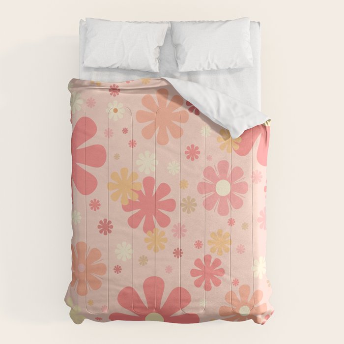 Flowerama Retro Floral Pattern in Blush Pink and Pale Yellow Comforter Gallery Image 6