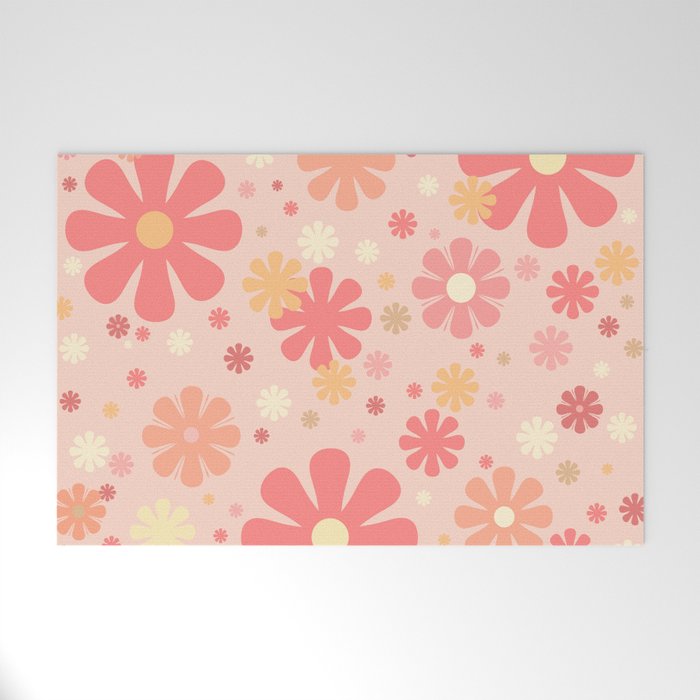 Flowerama Retro Floral Pattern in Blush Pink and Pale Yellow Welcome Mat Gallery Image 1