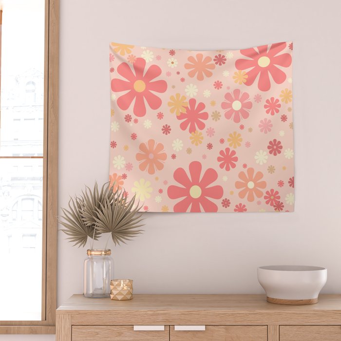 Flowerama Retro Floral Pattern in Blush Pink and Pale Yellow Wall Tapestry Gallery Image 2