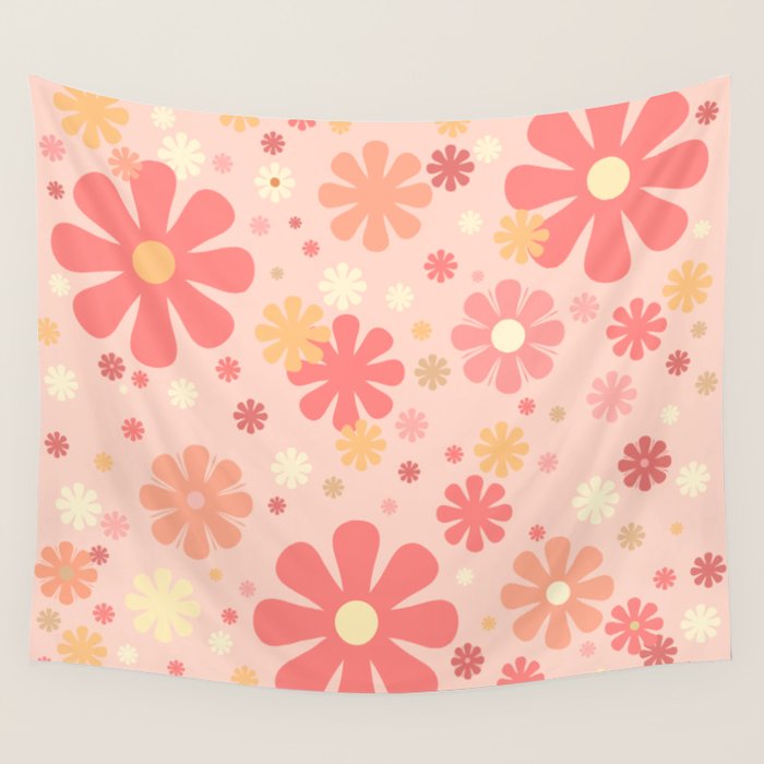 Flowerama Retro Floral Pattern in Blush Pink and Pale Yellow Wall Tapestry Gallery Image 1