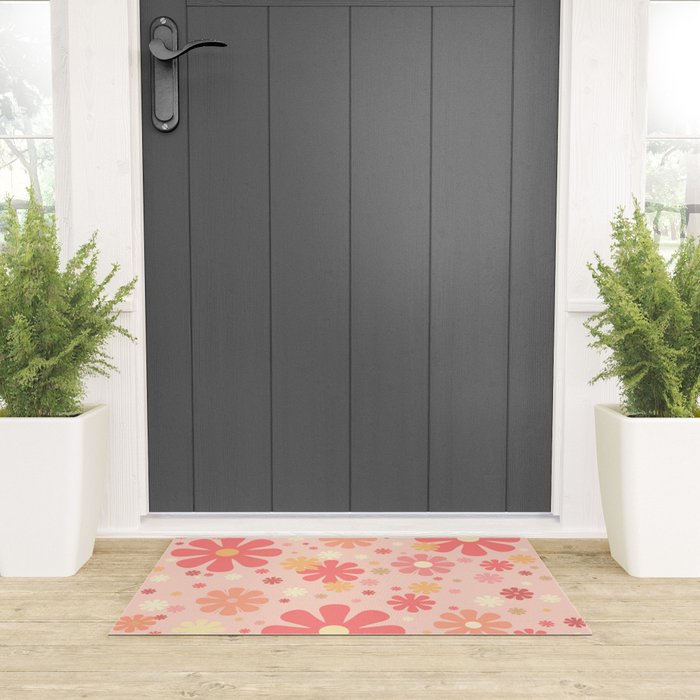 Flowerama Retro Floral Pattern in Blush Pink and Pale Yellow Welcome Mat Gallery Image 3