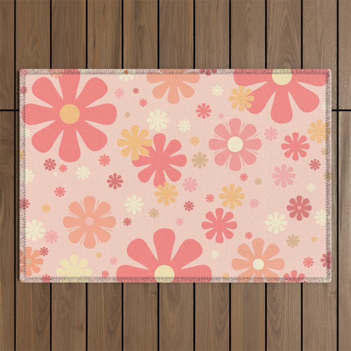 Flowerama Retro Floral Pattern in Blush Pink and Pale Yellow Outdoor Rug Gallery Image 1