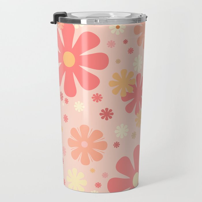 Flowerama Retro Floral Pattern in Blush Pink and Pale Yellow Travel Mug Gallery Image 3
