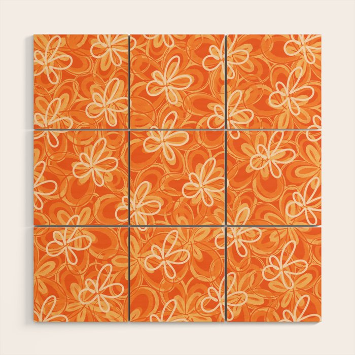 Alice Flowers - Retro Floral Pattern in Orange Tangerine Wood Wall Art Gallery Image 1