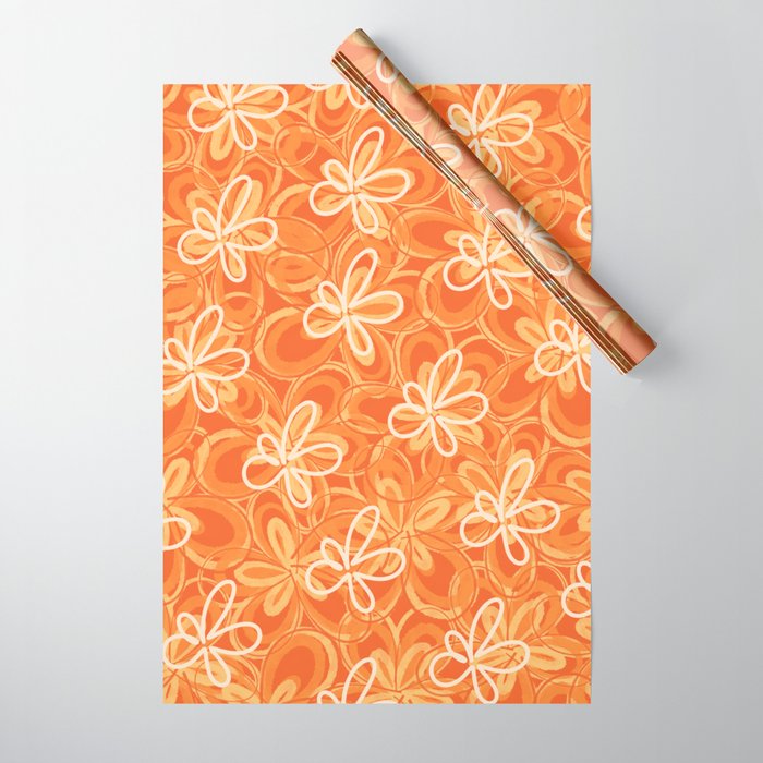 Alice Flowers - Retro Floral Pattern in Orange Tangerine Wrapping Paper Gallery Image 1