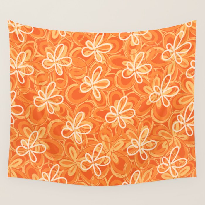 Alice Flowers - Retro Floral Pattern in Orange Tangerine Wall Tapestry Gallery Image 4