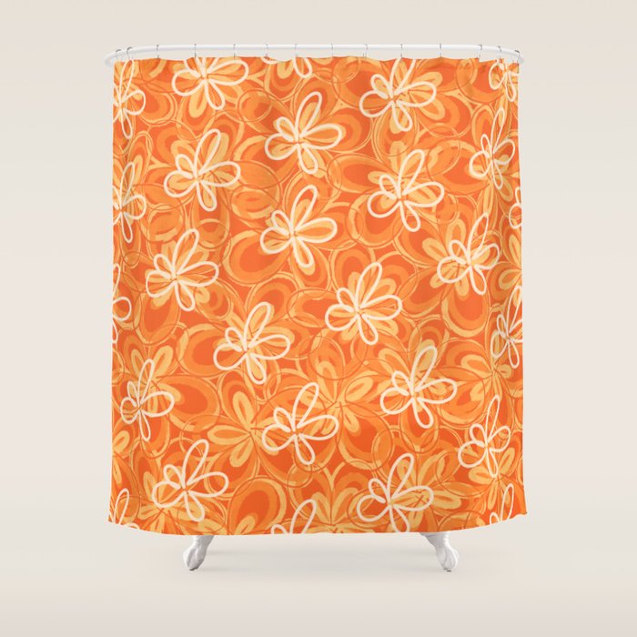 Alice Flowers - Retro Floral Pattern in Orange Tangerine Shower Curtain Gallery Image 1