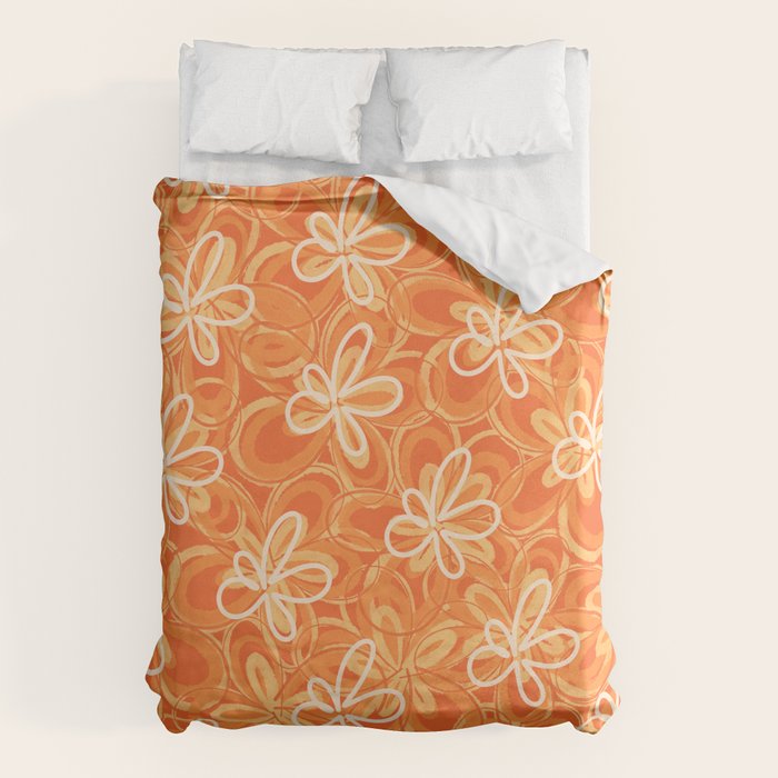 Alice Flowers - Retro Floral Pattern in Orange Tangerine Duvet Cover Gallery Image 1