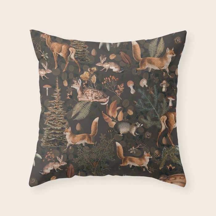 Fall Forest Impression With Wild Animals Moody Brown Throw Pillow Gallery Image 6