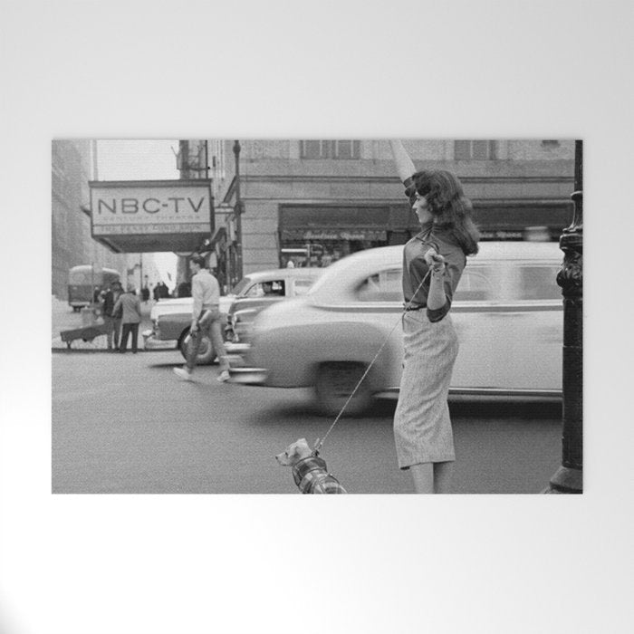 Young woman with pet dog hailing a yellow cab taxi New York City portrait black and white photograph - photography - photographs Welcome Mat Gallery Image 1