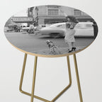 Young woman with pet dog hailing a yellow cab taxi New York City portrait black and white photograph - photography - photographs Side Table Gallery Image 2