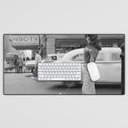 Young woman with pet dog hailing a yellow cab taxi New York City portrait black and white photograph - photography - photographs Desk Mat Gallery Image 1