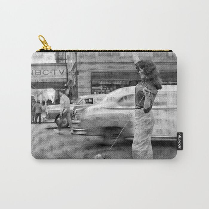 Young woman with pet dog hailing a yellow cab taxi New York City portrait black and white photograph - photography - photographs Carry All Pouch Gallery Image 1