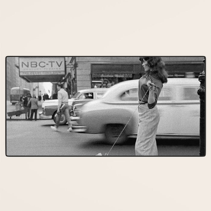 Young woman with pet dog hailing a yellow cab taxi New York City portrait black and white photograph - photography - photographs Desk Mat Gallery Image 3