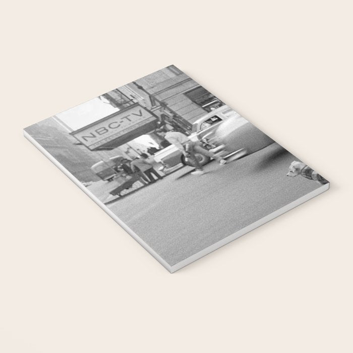 Young woman with pet dog hailing a yellow cab taxi New York City portrait black and white photograph - photography - photographs Notebook Gallery Image 3