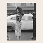 Young woman with pet dog hailing a yellow cab taxi New York City portrait black and white photograph - photography - photographs Notebook Gallery Image 4