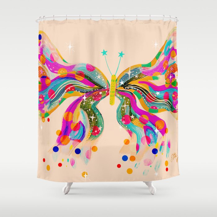 EttaVee Confetti Butterly Beige Shower Curtain Gallery Image 1