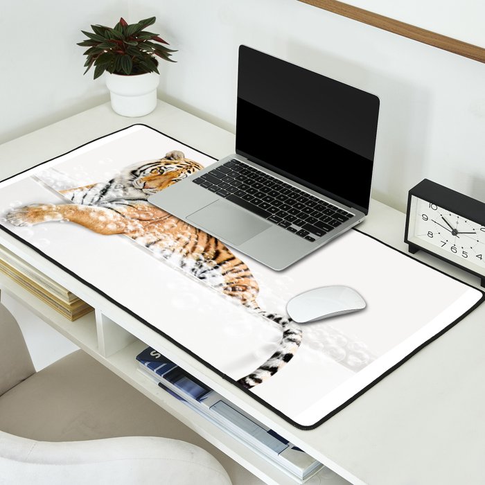 Tiger in a Bathtub, Tiger Taking a Bath, Tiger Bathing, Whimsy Animal Art Print By Synplus Desk Mat Gallery Image 2