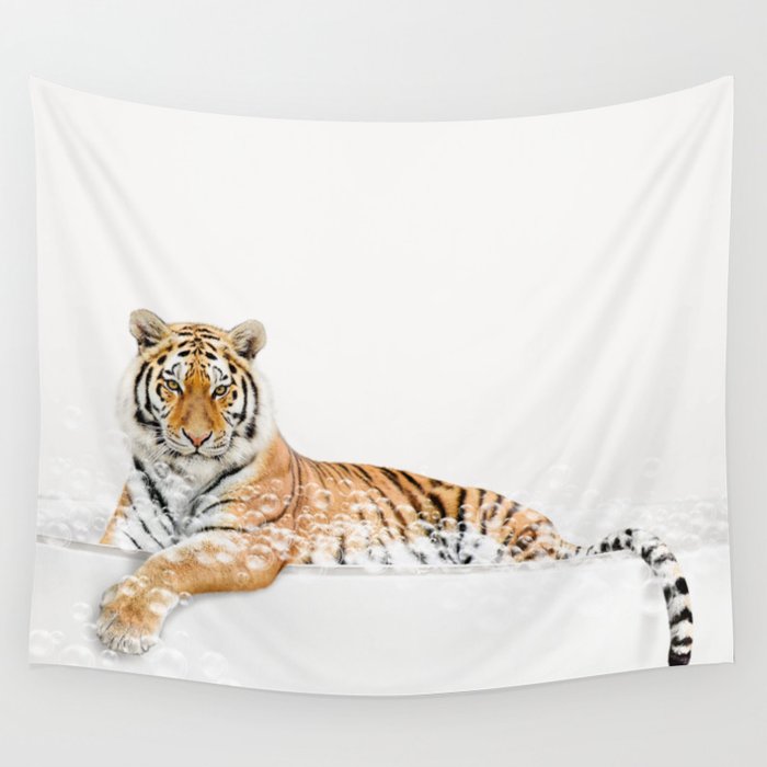 Tiger in a Bathtub, Tiger Taking a Bath, Tiger Bathing, Whimsy Animal Art Print By Synplus Wall Tapestry Gallery Image 1