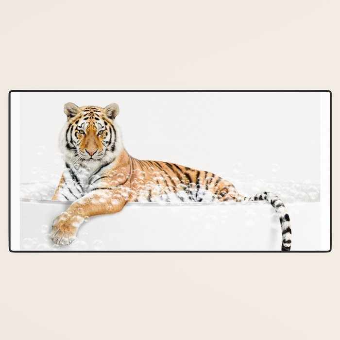 Tiger in a Bathtub, Tiger Taking a Bath, Tiger Bathing, Whimsy Animal Art Print By Synplus Desk Mat Gallery Image 3