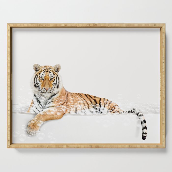 Tiger in a Bathtub, Tiger Taking a Bath, Tiger Bathing, Whimsy Animal Art Print By Synplus Serving Tray Gallery Image 1